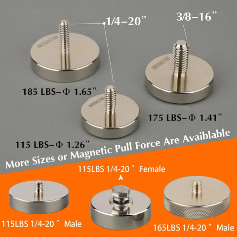Assorted sizes of Two Pack Beefy Neodymium Magnets With One Quarter Inch Twenty Threaded Stud 185 Pound Pull Magnetic Mount Heavy Duty Magnets For LED Lighting, Cameras, Tools And Equipment with threaded studs displayed on a gray background.