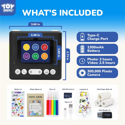 Kids Instant Print Camera For Ages 3 To 12 With 1080P Video Two Point Four Inch Screen Black And White Thermal Printing No Ink Fun Filters Flash Time Lapse Continuous Shoot Sixteen Times Digital Zoom Easy Share And Decorate, black camera front view with included accessories