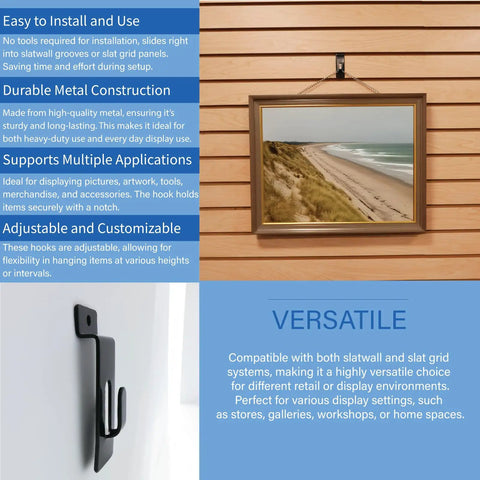 Notch Hook Picture Hanger For Slat Grid And Wall Panel Systems Black Finish Heavy Duty Metal Construction with framed photo