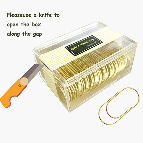 Giant Gold Paper Clips Pack 50mm Jumbo 1.97 Inch, 50 Count in a clear box with knife illustration for opening