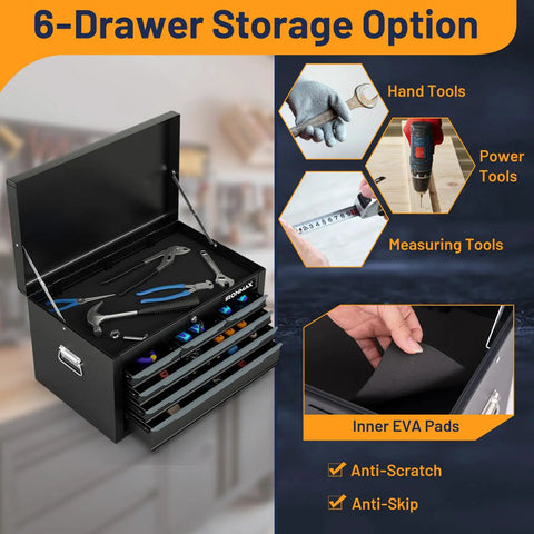Heavy Hitter 24 Inch 6 Drawer Steel Tool Chest With Smooth Operator Ball Bearings And Spacious Top Tray Rugged Grip Handle Auto Lock Scratch Shield Panels For Garage Grind Ready