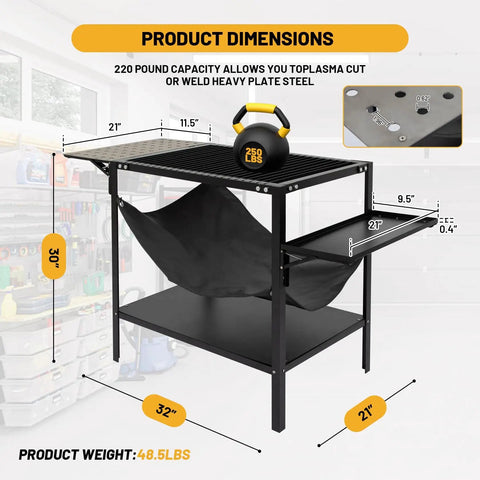 Beefy Plasma Cutting Table For Heavy Duty Workshops 32 In High By 21 In Wide By 30 In Long Carbon Steel Workbench With Replaceable Slats Folding Side Shelf Fire Resistant Scrap Tray 250 Lbs Load Capacity