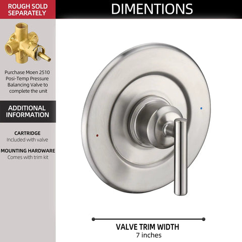 Gibson Posi Temp Valve Trim Kit Brushed Nickel With Metal Construction And Easy Adjust Lever And Red Blue Temperature Indicator Compatible With Moen 2510 2520 2570 2590 Valves Trim Kit Only, product image showing 7-inch trim width.