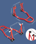 Heavy-Duty Front And Rear Paddock Stand Set With 850 Lb Capacity Bike Lift Wheel Stands, red steel construction, dimensions labeled.