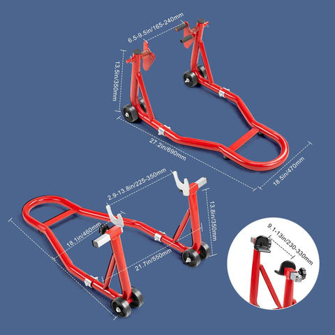 Heavy-Duty Front And Rear Paddock Stand Set With 850 Lb Capacity Bike Lift Wheel Stands, red steel construction, dimensions labeled.