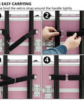 Instruction on using straps on 2 In 1 Rolling Makeup Case For Travel And Studio, Aluminum Frame Cosmetic Train Case with Pink design.