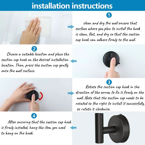 Installation steps for Large Suction Cup Shower Hooks Set Of 2 Black Stainless Steel Towel Hooks for bathrooms inside shower.