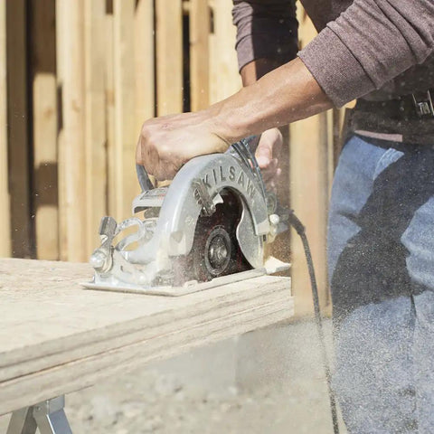 Professional Grade Hardcore 15 Amp Worm Drive Circular Saw With 8 1/4 Inch Blade cutting through wood with precision.