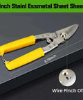8 inch stainless steel sheet shears with yellow handles, showing blade detail and wire pinch-off feature