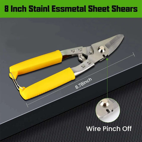8 inch stainless steel sheet shears with yellow handles, showing blade detail and wire pinch-off feature