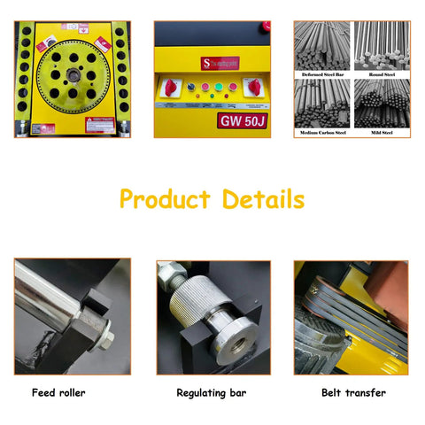 No Sweat 4000W Electric Rebar Bender Machine For Shaping 6 To 50 Mm Bars Built Damn Tough For Rough Crew Jobsites featuring detailed product controls and component close-ups.