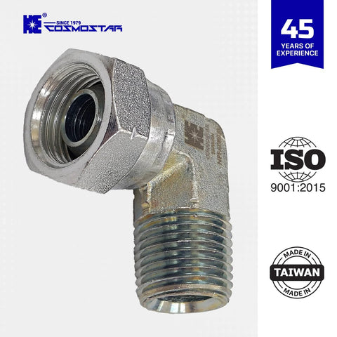 Cosmostar 1/2 in NPTF male x 1/2 in NPSM pipe swivel elbow hydraulic adapter, 90° metal fitting