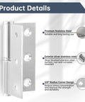 Premium Lift Off Hinges For Interior Doors, 3 Inch Brushed Stainless Steel Toggle Set, Removable Pin Hardware with radius corners.