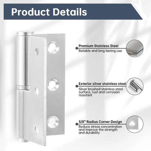 Premium Lift Off Hinges For Interior Doors, 3 Inch Brushed Stainless Steel Toggle Set, Removable Pin Hardware with radius corners.