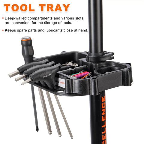 Tool tray on Ebike Repair Stand For Home Shop And Mechanics Heavy Duty Bike Workstand with tools and compartments visible