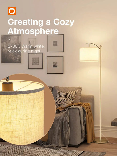 Brass Gold Floor Lamp With Linen Beige Shade, 3CCT 3000K 4500K 6500K Adjustable Color Temperature, shown in a cozy living room setup.
