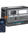 2400W LiFePO4 Portable Power Station with 2048Wh solar generator, control panel and mobile app interface visible.