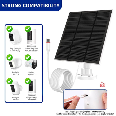 Outdoor Camera Solar Panel Charger 5W 5V With USB C And Plug For Spotlight Cam Plus And Stick Up Cam Pro Waterproof IP65
