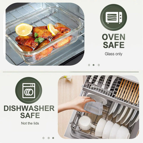 Oven-safe 30 Piece Glass Food Storage Containers Set With Snap Lock Lids; lower panel shows dishwasher use without lids.