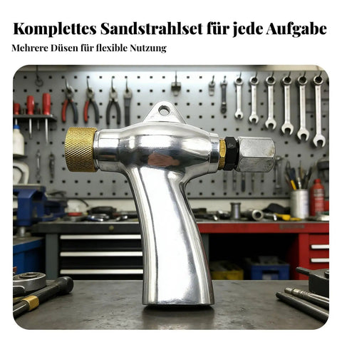 Heavy Duty Sandblasting Machine Handheld With Aluminum Alloy Build And Brass Hardware For Automotive Restoration on workshop table.