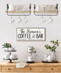 Legit Pine Wood Floating Wall Shelves With Ten Adjustable Mug Hooks For Your Best Coffee Bar Setup Yet displaying white mugs and coffee decor.