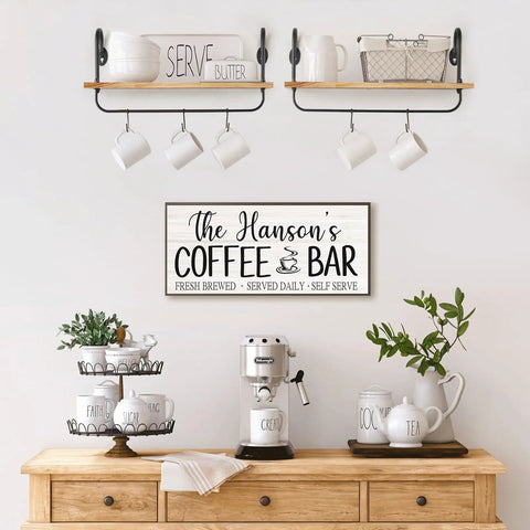 Legit Pine Wood Floating Wall Shelves With Ten Adjustable Mug Hooks For Your Best Coffee Bar Setup Yet displaying white mugs and coffee decor.