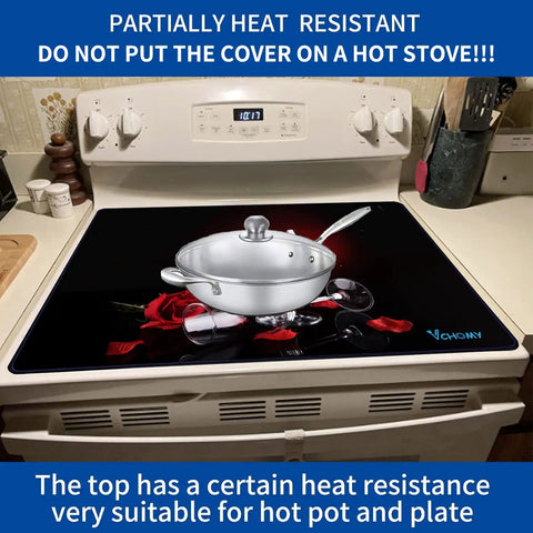 Extra Thick Stove Top Cover For Electric Stoves, Natural Rubber Glass Top Protector, 28.5 x 20.5 Inches Rose with pot