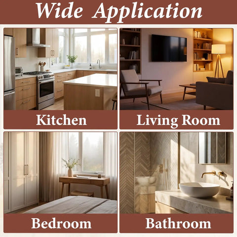 Wide application of Leather Drawer Pulls Set With Brown PU Leather Straps in kitchen, living room, bedroom, and bathroom.