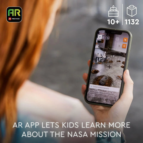 Child using AR app with Technic NASA Mars Rover Perseverance Build Kit For STEM Lovers Realistic Display Model Hands On Science Toy