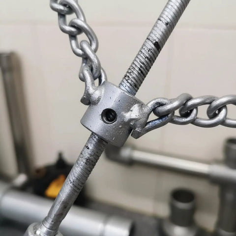 Heavy Duty Auger Chain Drain Cleaning Knocker For Plumbers double chain connection detail with metallic finish and threading.