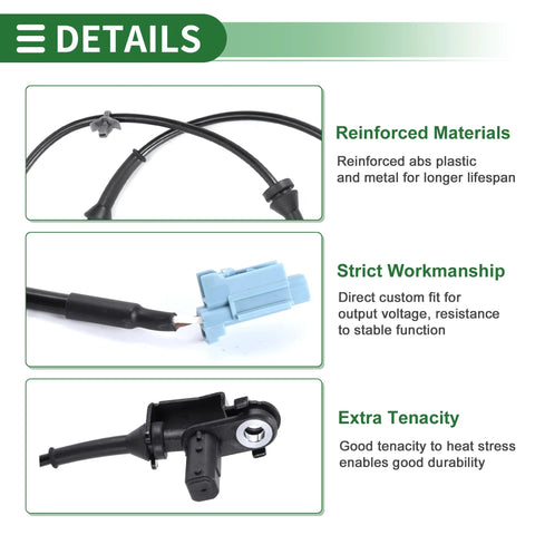 Motoforti front-left ABS wheel speed sensor with wiring harness, blue electrical connector, and mounting bracket.