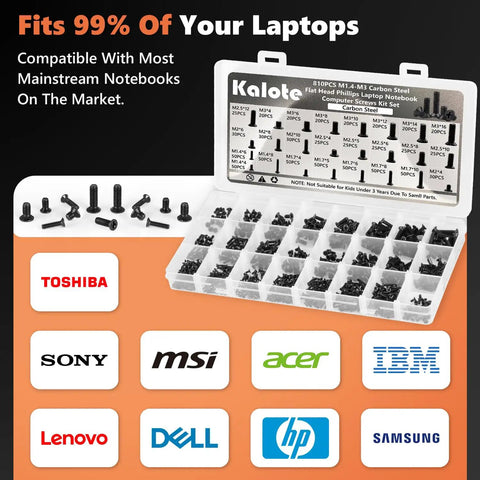 810Pcs Black Laptop Screw Kit For Notebook Computers With Carbon Steel Flat Head Phillips Screws In Sizes M1.4 to M3 display