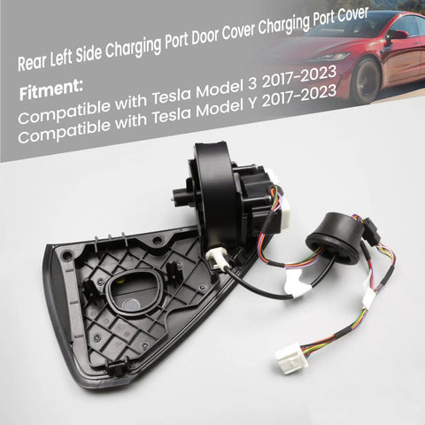 Heavy Duty Charging Port Door Cover Rear Left Fits Tesla Model 3 And Model Y 2017 To 2023 with internal wiring details.