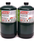 Two Pack 16 Oz Propane Fuel Tanks in steel green for portable grills, torches, and outdoor appliances