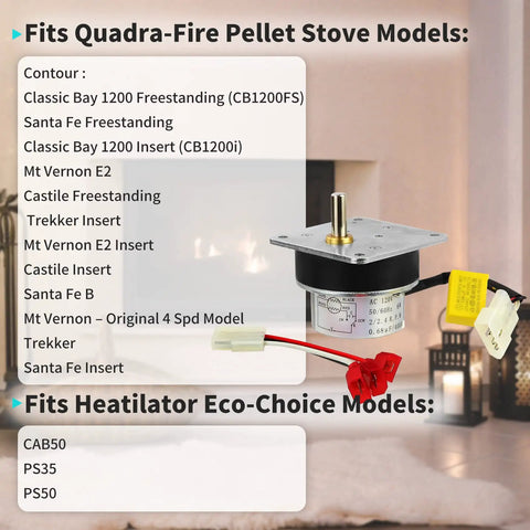Auger Feed Motor Replacement For Pellet Stoves 2.4 RPM 120V Heavy Duty displayed with stove model compatibility list.
