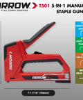 5-In-1 Manual Staple And Nail Gun for woodworking and craft projects, red compact design, T501 model with size dimensions.
