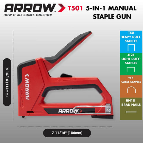 5-In-1 Manual Staple And Nail Gun for woodworking and craft projects, red compact design, T501 model with size dimensions.