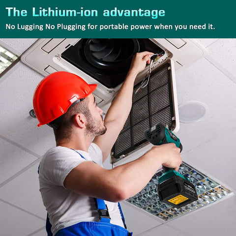 Worker using a Cordless Heat Gun 20V Max With 4.0Ah Battery And Fast Charger for ceiling vent repair, showcasing portability.