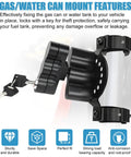 Upgraded RX LOX PM Gas Can Pack Mount with key locking for Rotopax and Fuel Pack, black universal mount kit close-up.