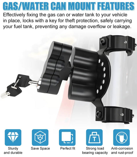 Upgraded RX LOX PM Gas Can Pack Mount with key locking for Rotopax and Fuel Pack, black universal mount kit close-up.