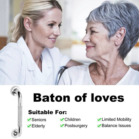 Two Pack 12 Inch Anti Slip Bathroom Grab Bar Set Stainless Steel Shower Handle Knurled Safety Rail For Elderly Pregnant Women Kids Handicap Seniors Easy Grip Bath Safety with image of caregiver assisting senior woman.