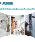RURBRIN water fixtures collage: brushed metal faucet, person drinking water, and shower head.