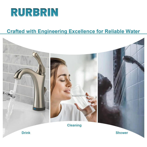 RURBRIN water fixtures collage: brushed metal faucet, person drinking water, and shower head.