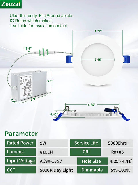 12 Pack 4 Inch Ultra Thin LED Recessed Ceiling Lights With Junction Box and measurements showing easy installation details
