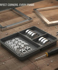 Aluminum L Shaped Corner Braces For Picture Frames And DIY Projects Metal Miter Joint Reinforcement Kit with frames on wooden surface
