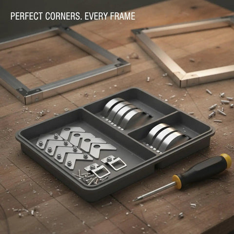 Aluminum L Shaped Corner Braces For Picture Frames And DIY Projects Metal Miter Joint Reinforcement Kit with frames on wooden surface