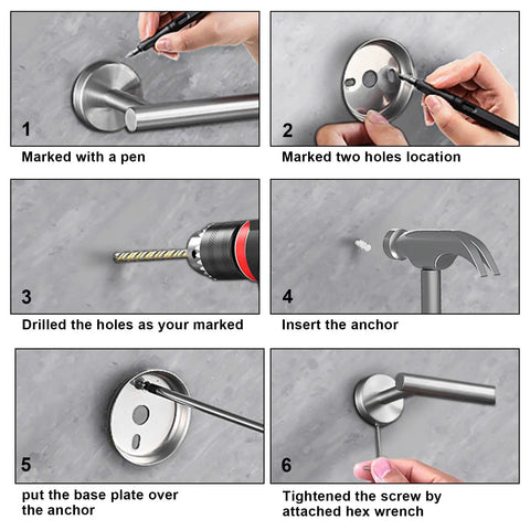 Installation steps for 8 Piece Bathroom Hardware Set With 23.6 Inch Towel Racks, Hooks, Rings And Toilet Paper Holders In Brushed Nickel, Durable SUS 304 Stainless Bath Accessories For A Modern No Fuss Neat And Organized Space.
