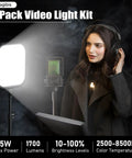 Woman using Two Pack 15W LED Video Light Kit With 78 Inch Tripod, Dimmable Studio Lights From 2500K To 8500K For Video Recording