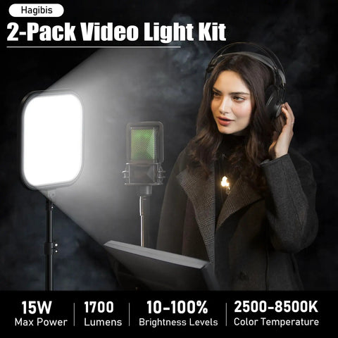 Woman using Two Pack 15W LED Video Light Kit With 78 Inch Tripod, Dimmable Studio Lights From 2500K To 8500K For Video Recording