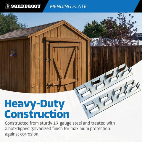 Built Tough Hot Dipped Galvanized Steel Mending Plates For Wood Deck Repair And Framing Reinforcement 1 Inch By 4 Inches on a shed background.